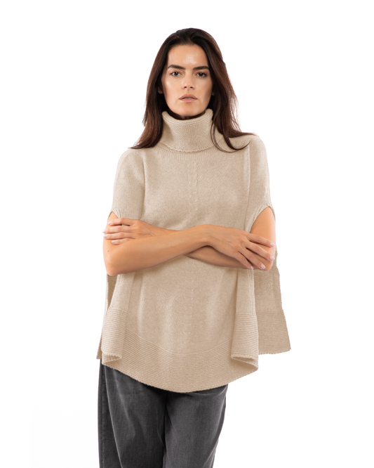 Women's Pure Cashmere Turtleneck Poncho Beige