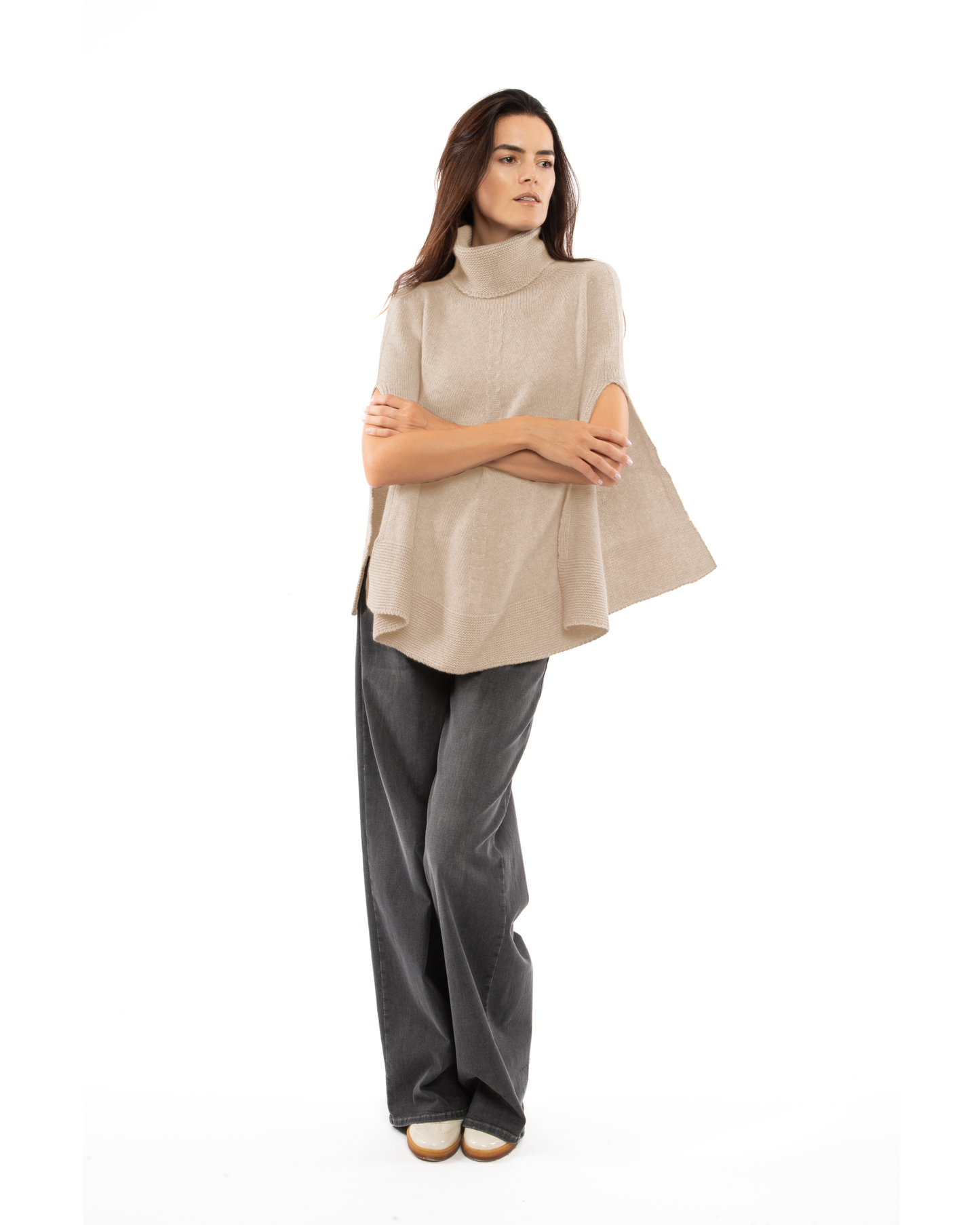 Women's Pure Cashmere Turtleneck Poncho Beige
