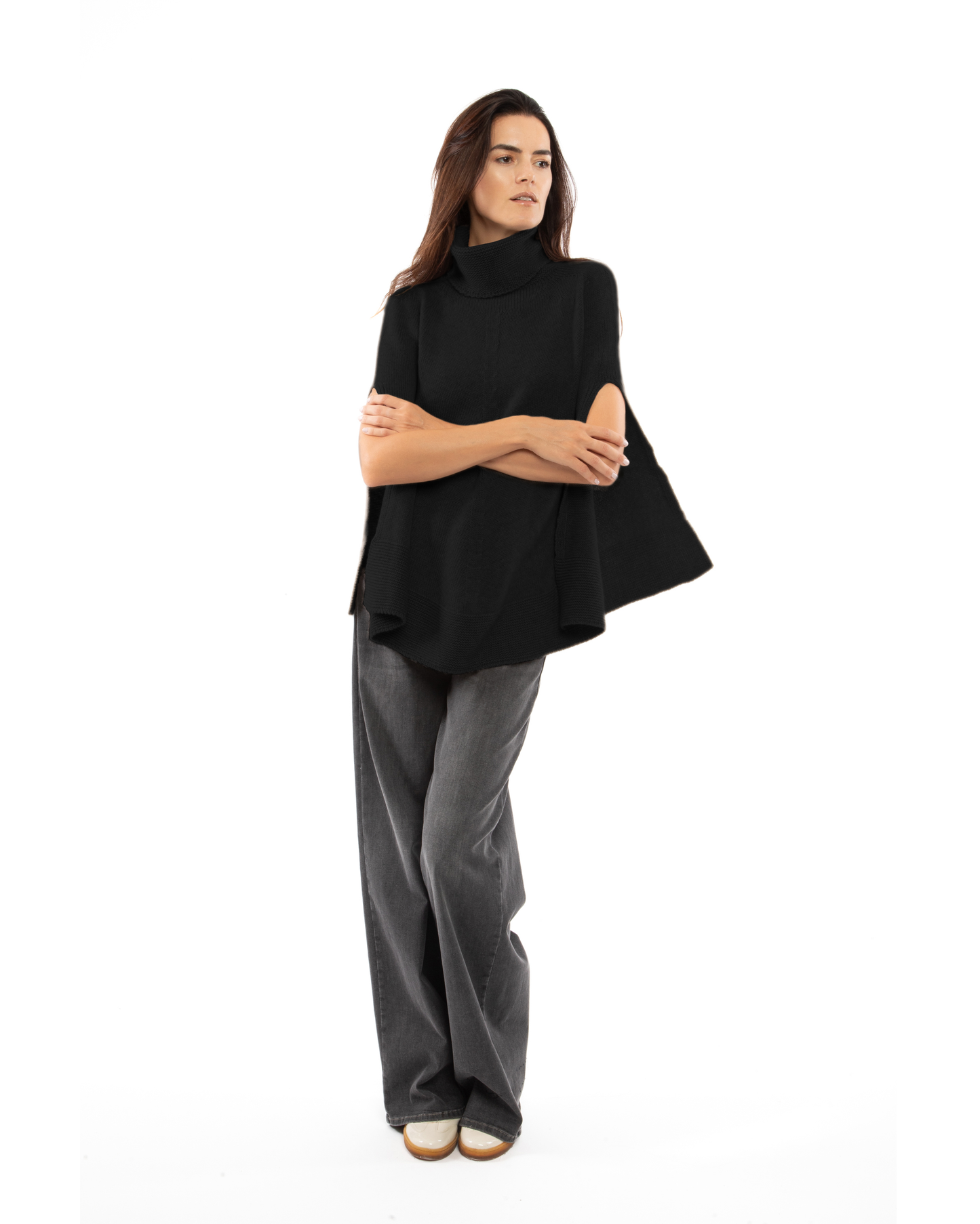 Women's Pure Cashmere Turtleneck Poncho Black