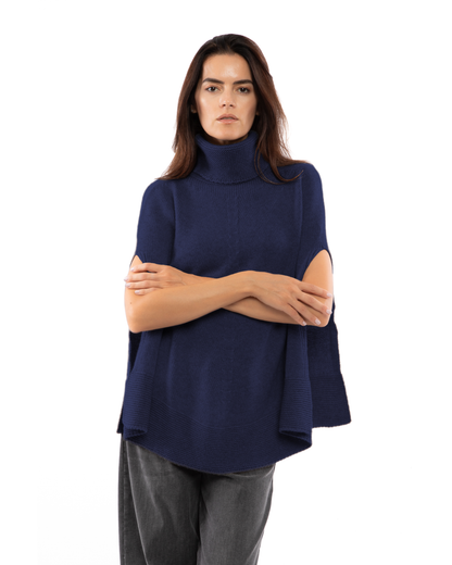 Women's Pure Cashmere Turtleneck Poncho Blue