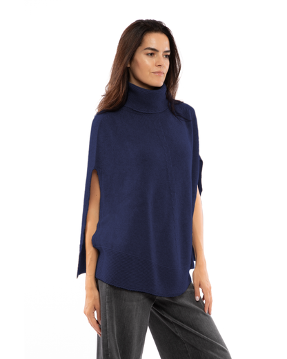Women's Pure Cashmere Turtleneck Poncho Blue