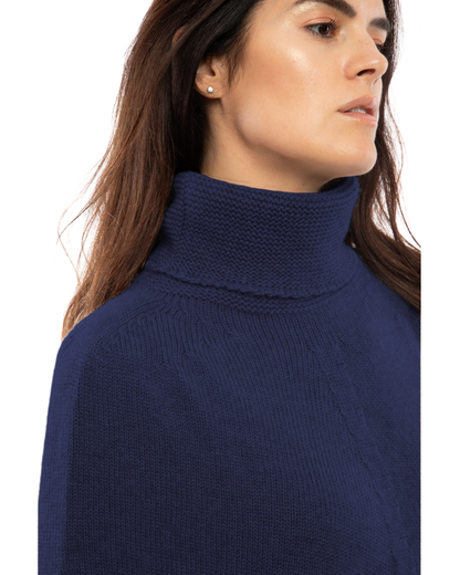 Women's Pure Cashmere Turtleneck Poncho Blue