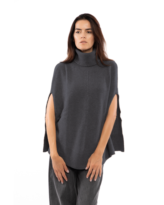 Women's Pure Cashmere Turtleneck Poncho Charcoal