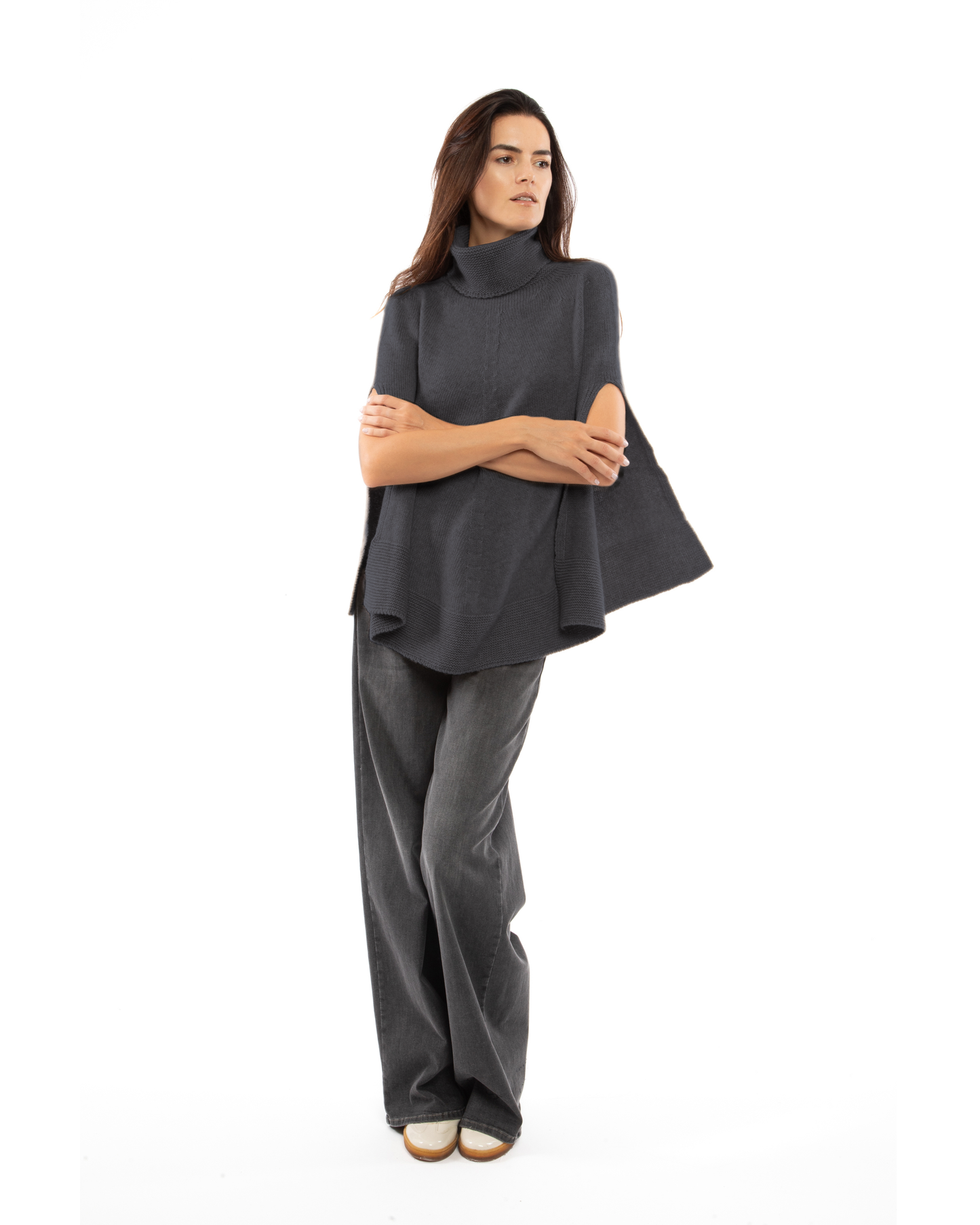 Women's Pure Cashmere Turtleneck Poncho Charcoal