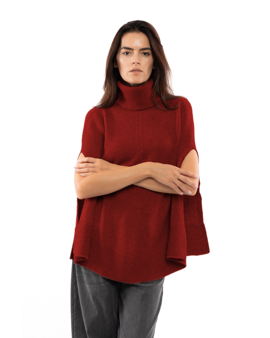 Women's Pure Cashmere Turtleneck Poncho Chianti