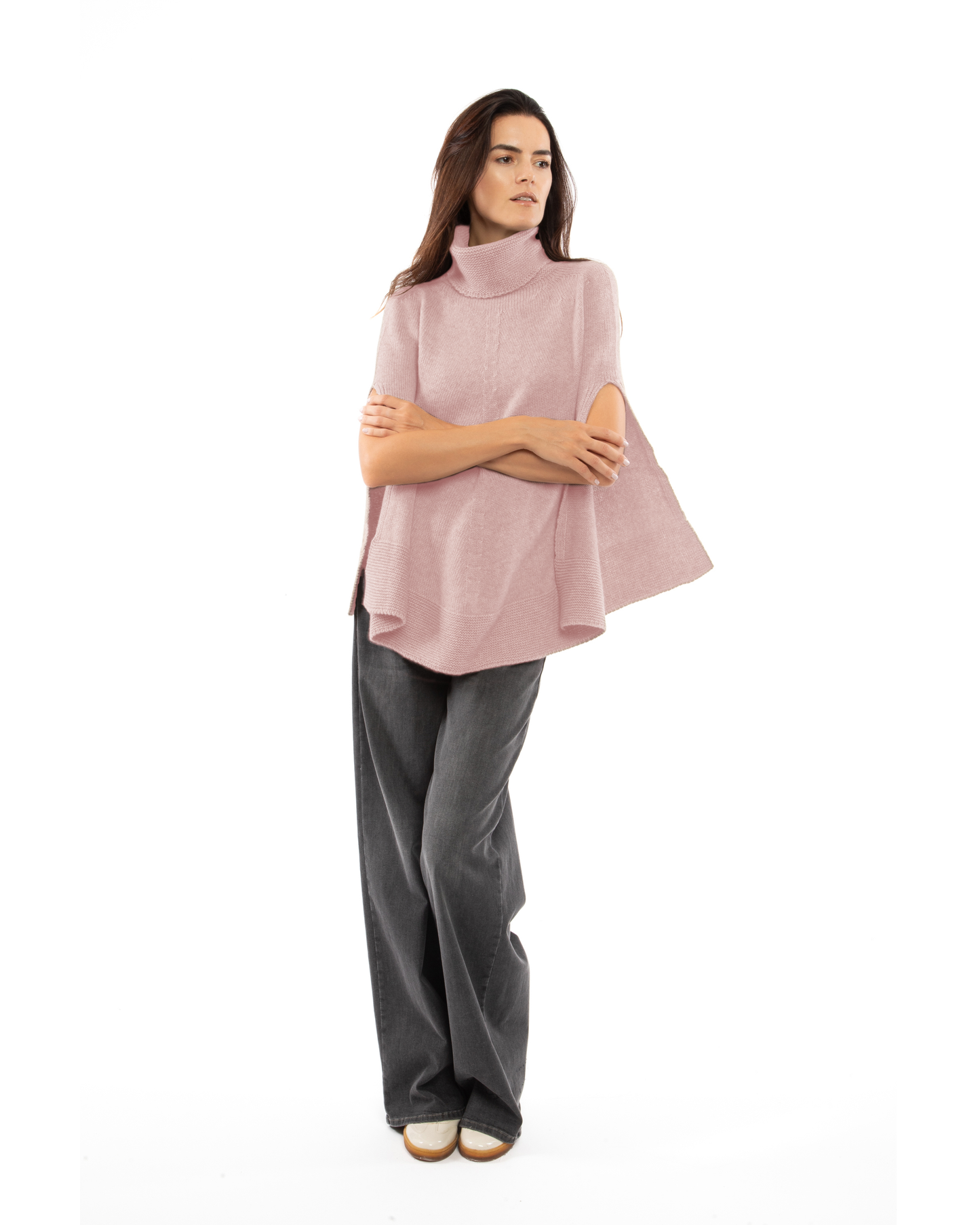 Women's Pure Cashmere Turtleneck Poncho Old Rose