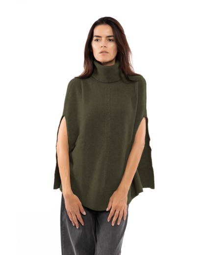 Women's Pure Cashmere Turtleneck Poncho Olive Green