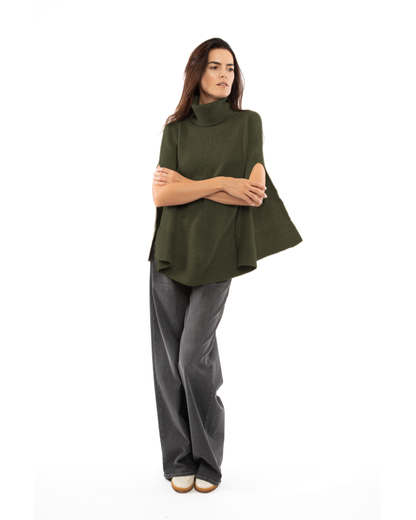 Women's Pure Cashmere Turtleneck Poncho Olive Green