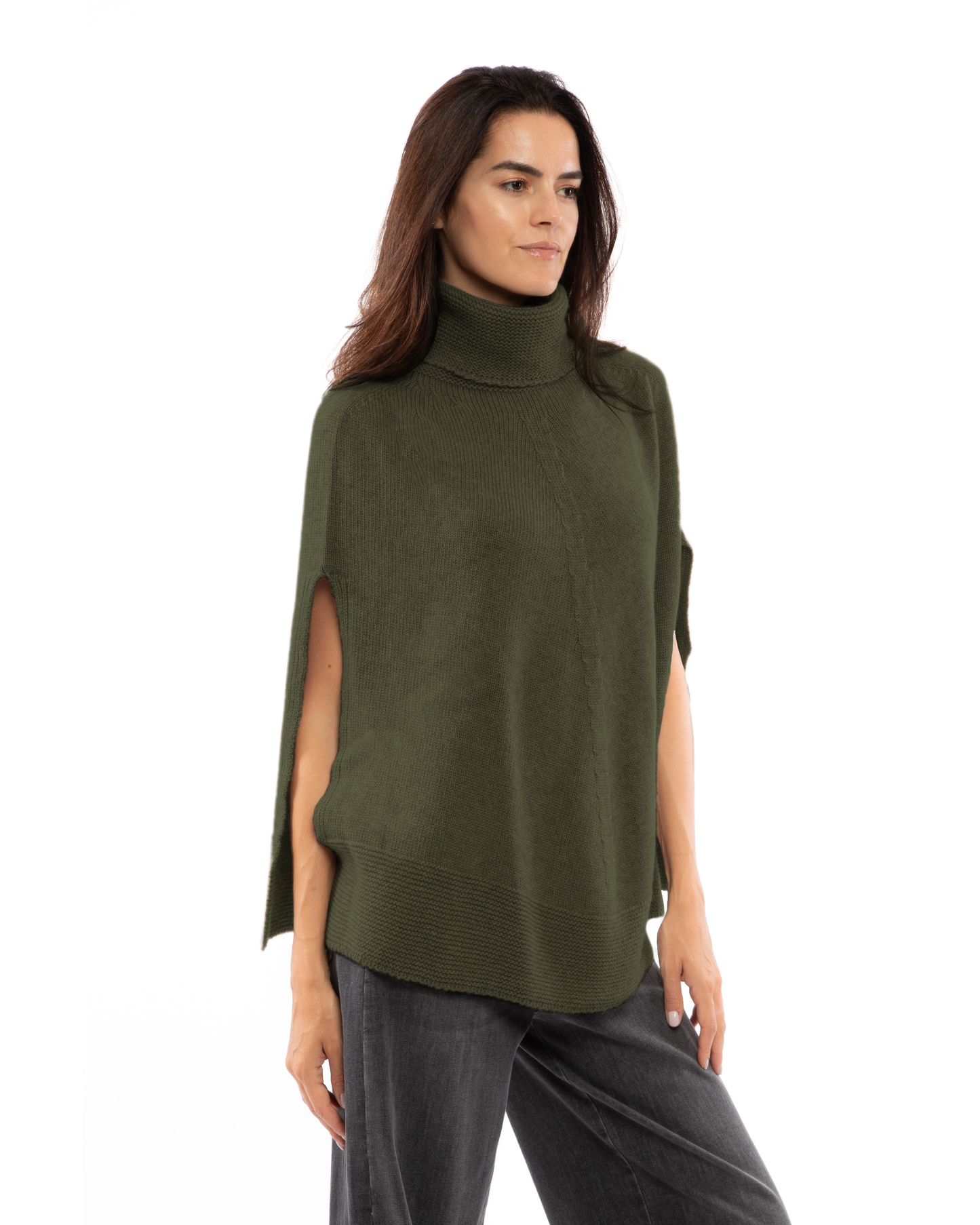 Women's Pure Cashmere Turtleneck Poncho Olive Green