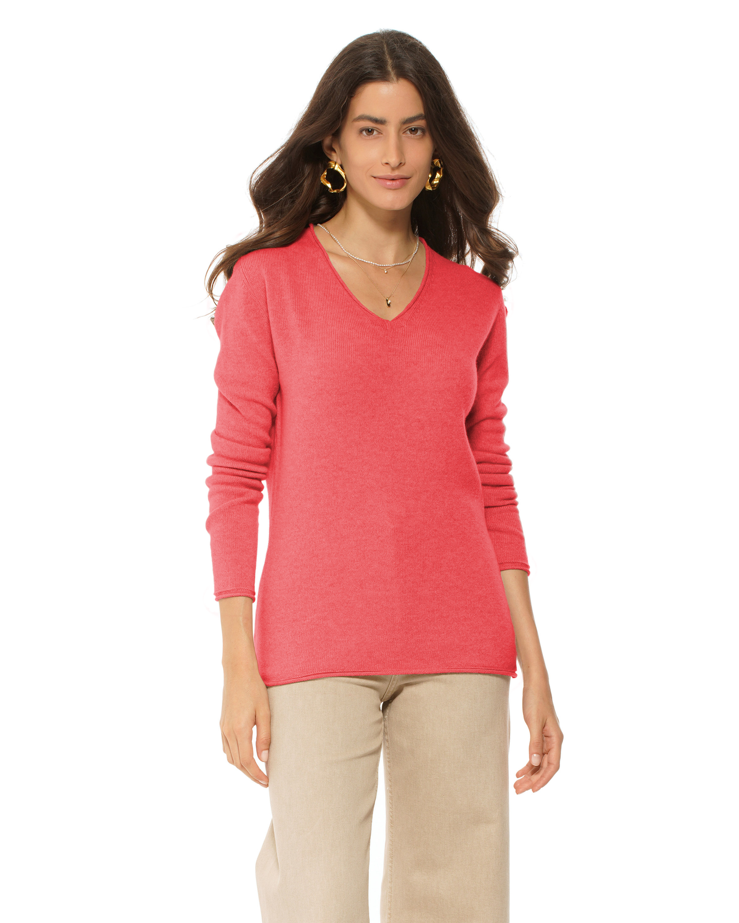Women's Ultra-Light Cashmere V-Neck Sweater Coral Red