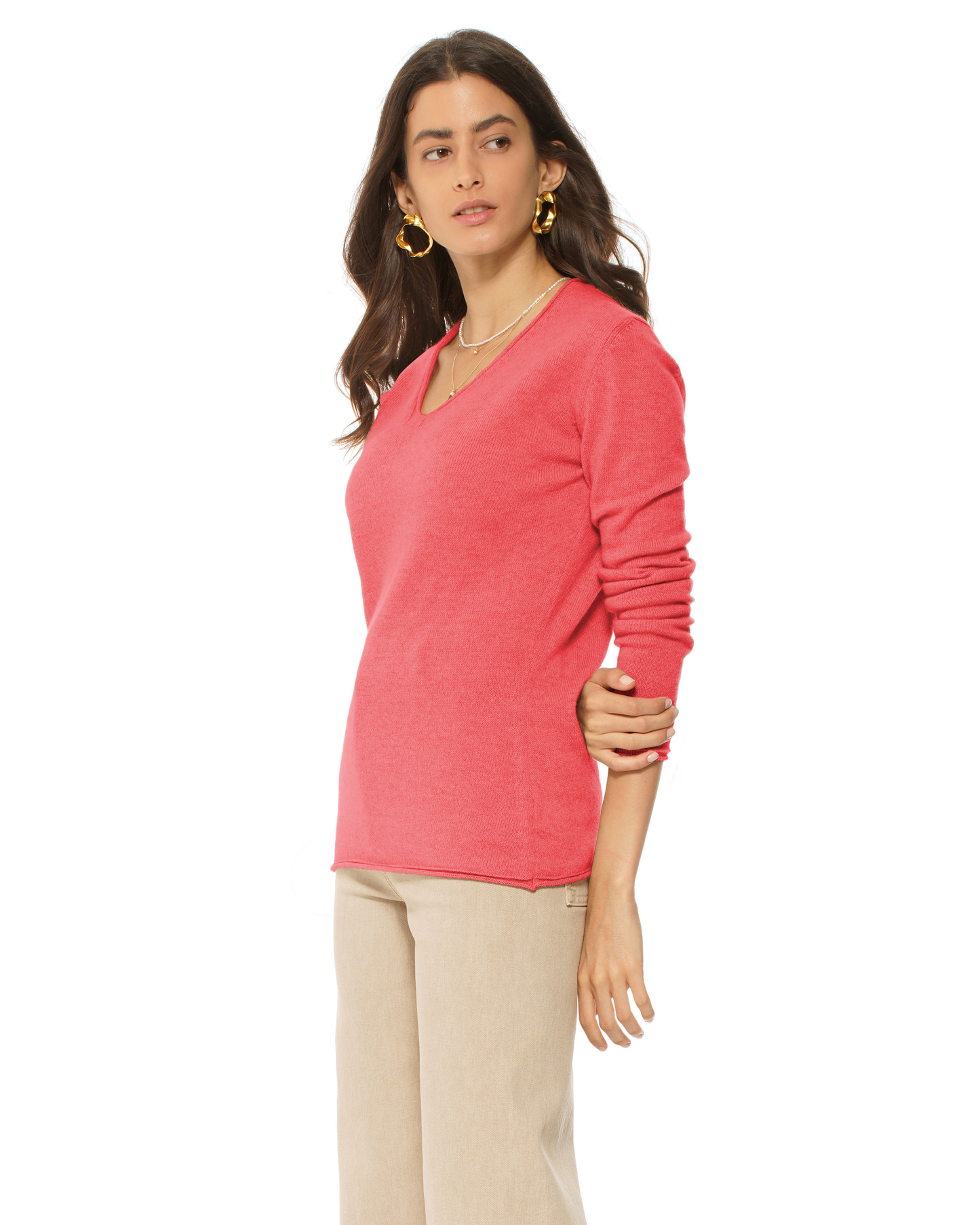 Women's Ultra-Light Cashmere V-Neck Sweater Coral Red