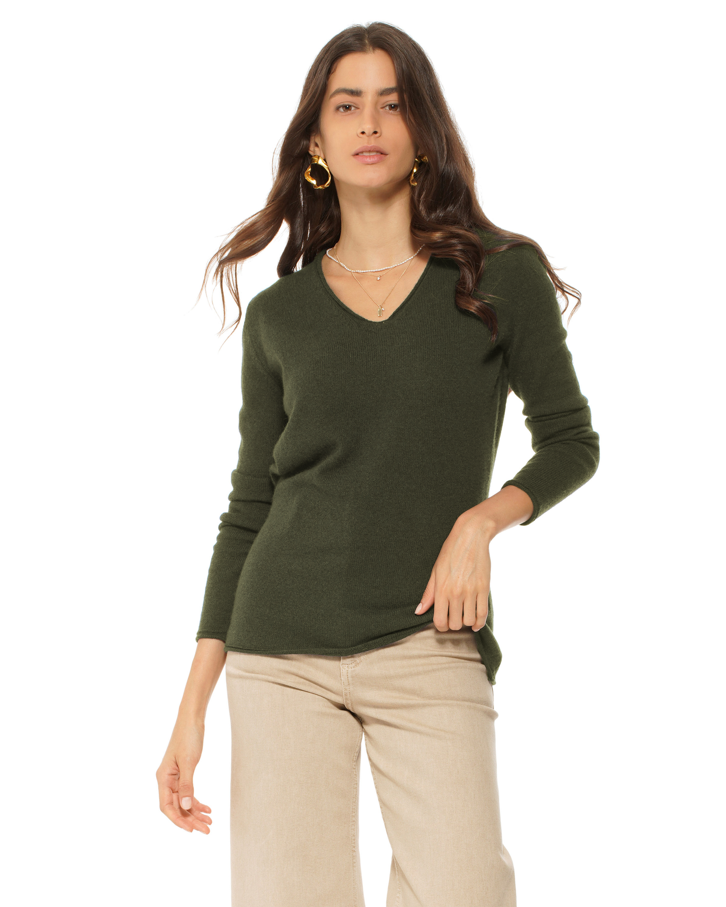 Women's Ultra-Light Cashmere V-Neck Sweater Olive Green