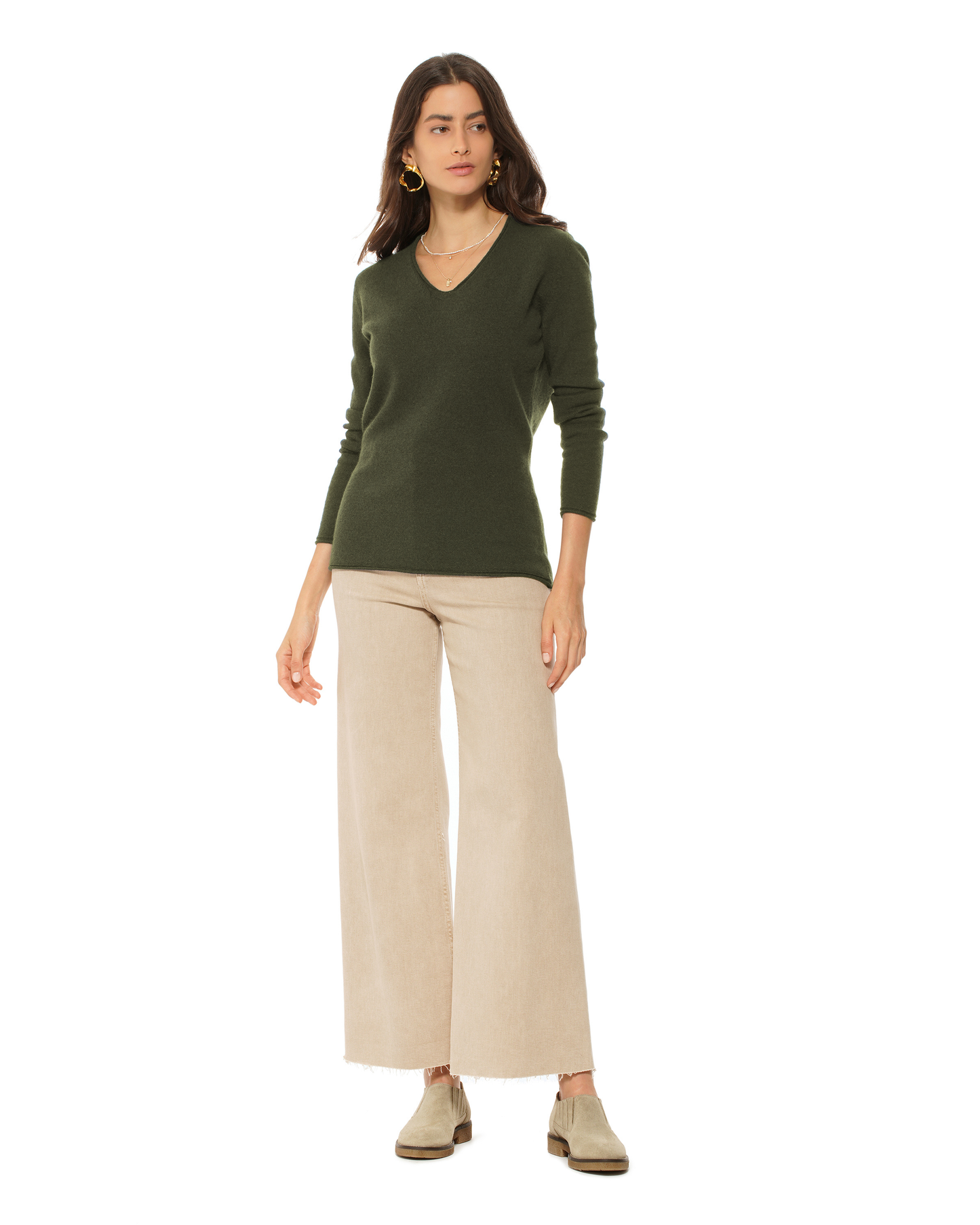 Women's Ultra-Light Cashmere V-Neck Sweater Olive Green