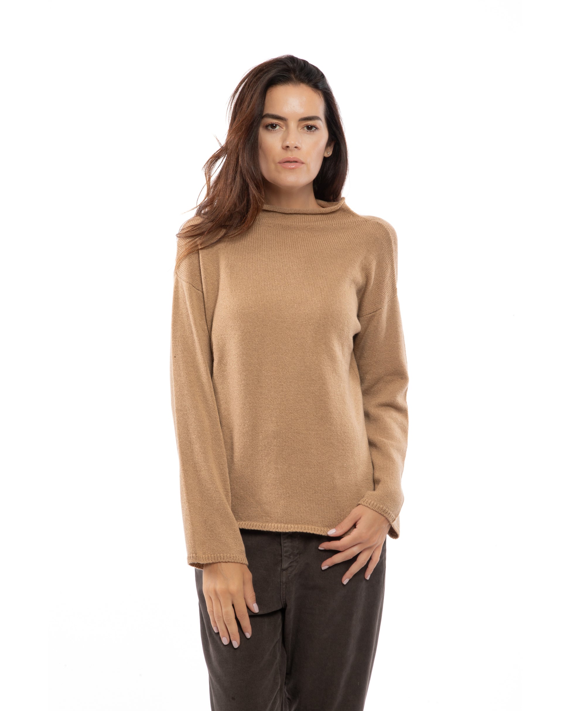 Women's Wool Cashmere Wide Funnel Neck Sweater Camel
