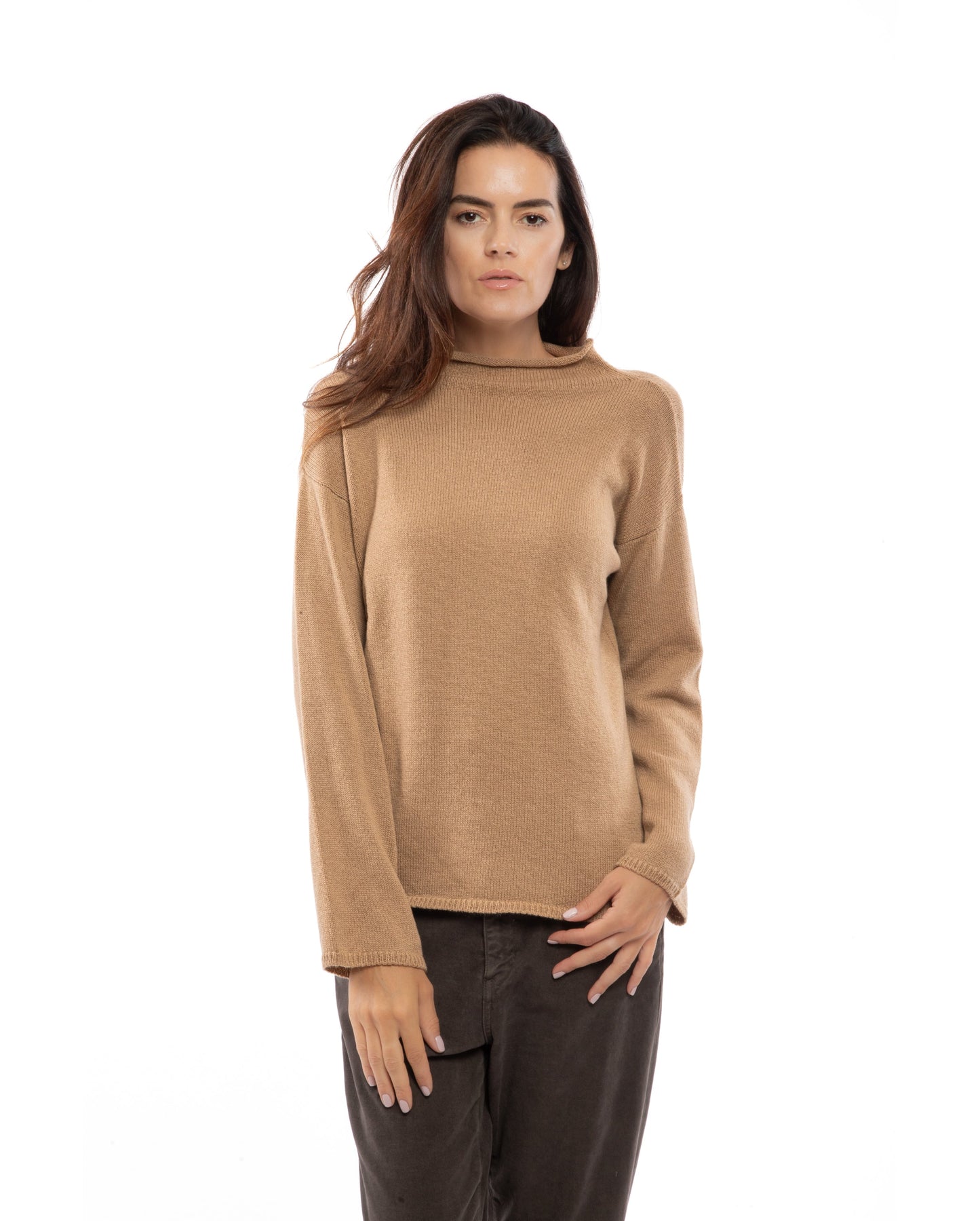 Womens Wide Funnel Turtleneck Sweater in Cashmere Lambswool Blen Made In Italy Camel 3