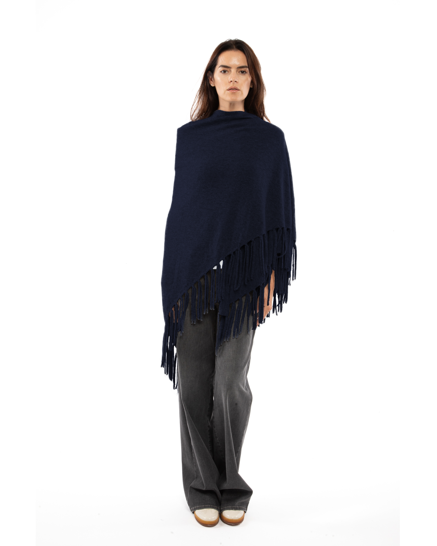 Women's Pure Cashmere Fringe Wrap Night Blue