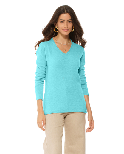 Monticelli Women's Ultra-Light Cashmere V-Neck Sweater Cyan 1