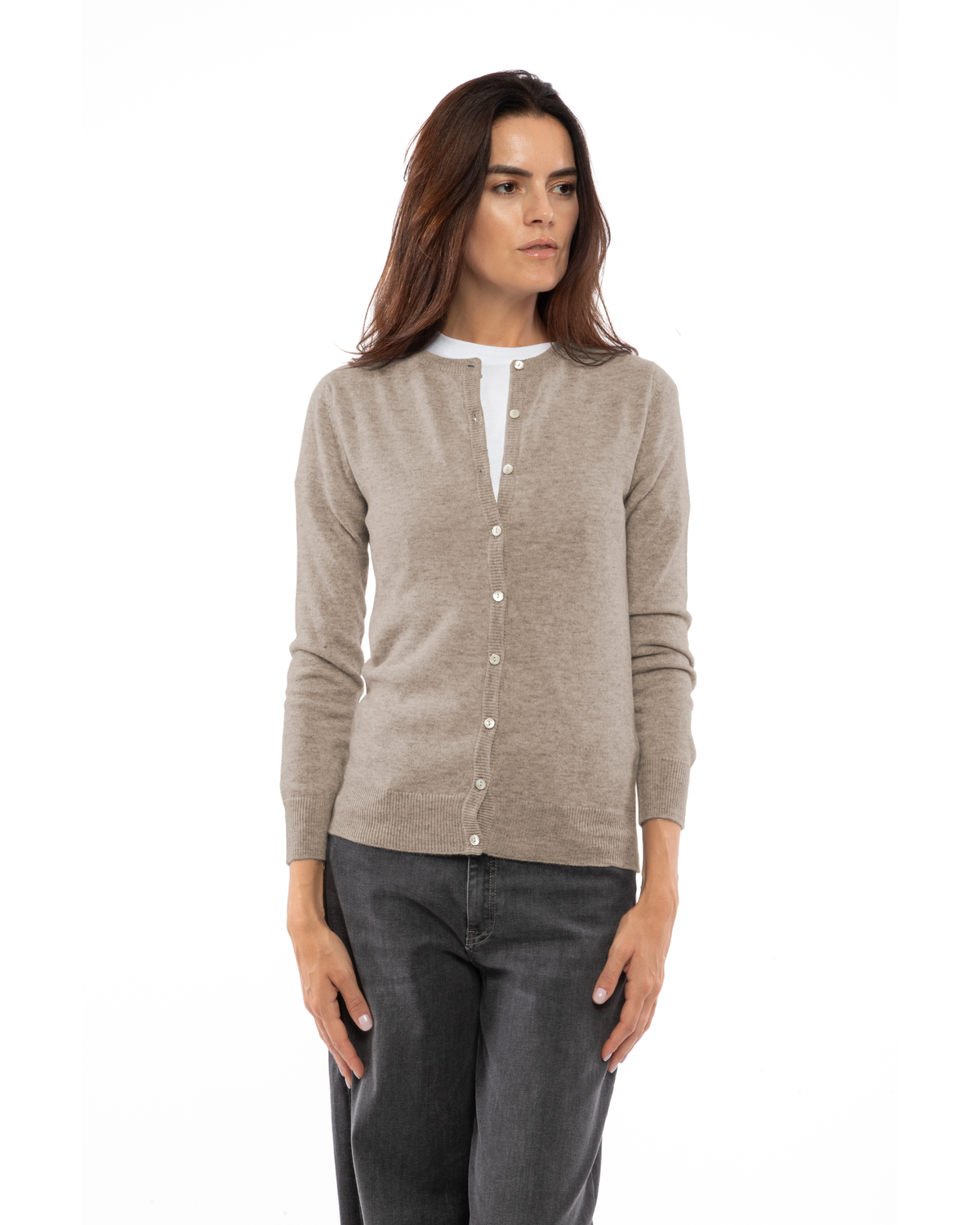 Women's cashmere crewneck cardigan in Taupe, front portrait view on model
