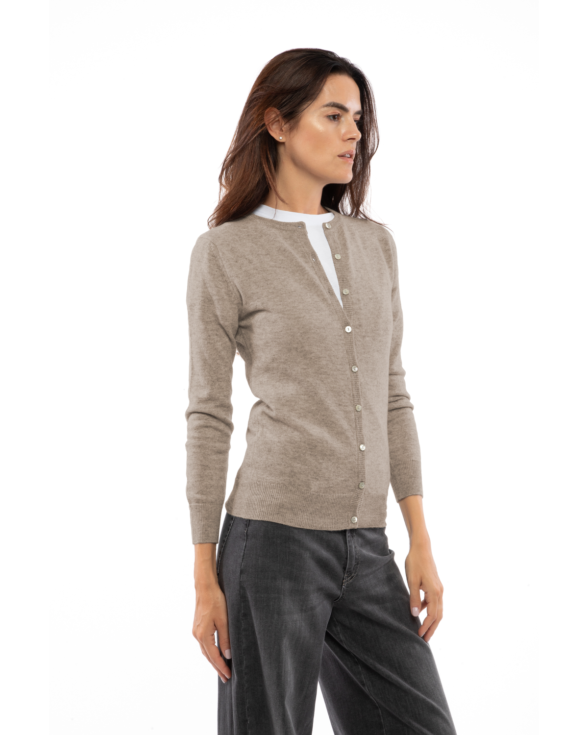 Women's cashmere crewneck cardigan in Taupe, three-quarter front view on model