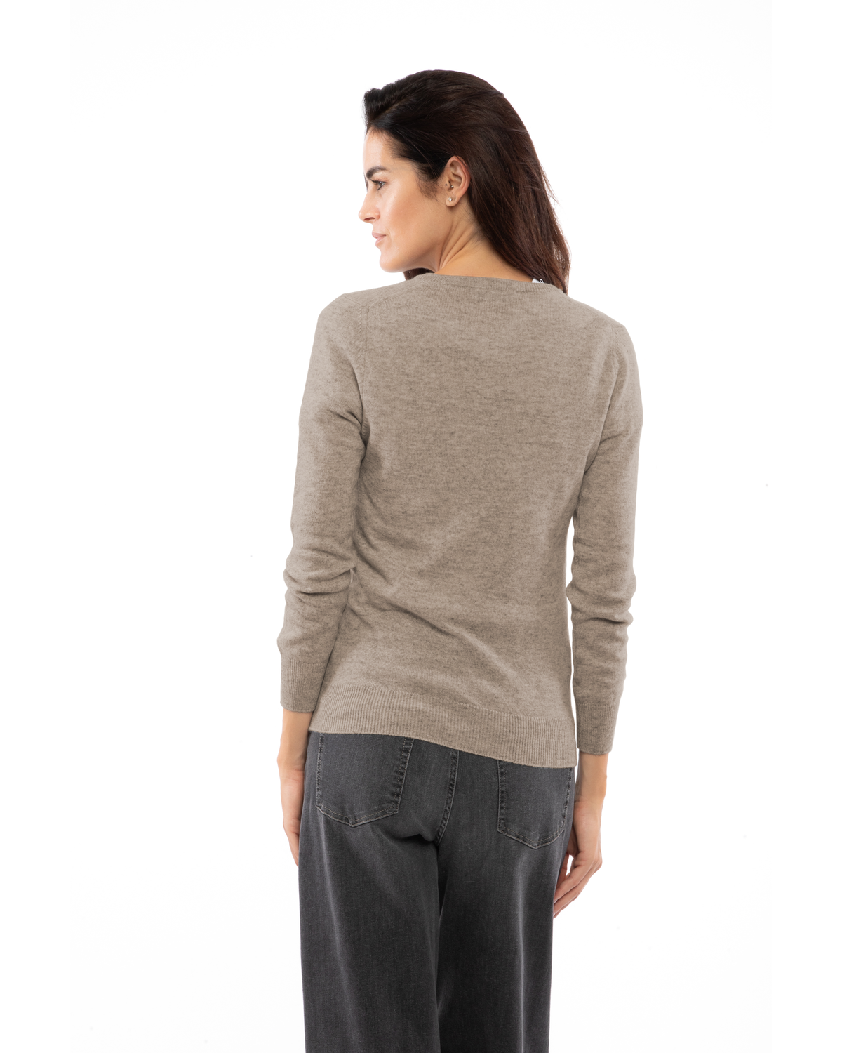 Women's cashmere crewneck cardigan in Taupe, back view on model