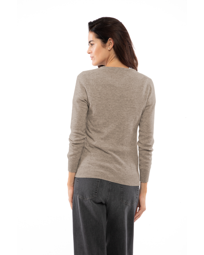 Women's cashmere crewneck cardigan in Taupe, back view on model