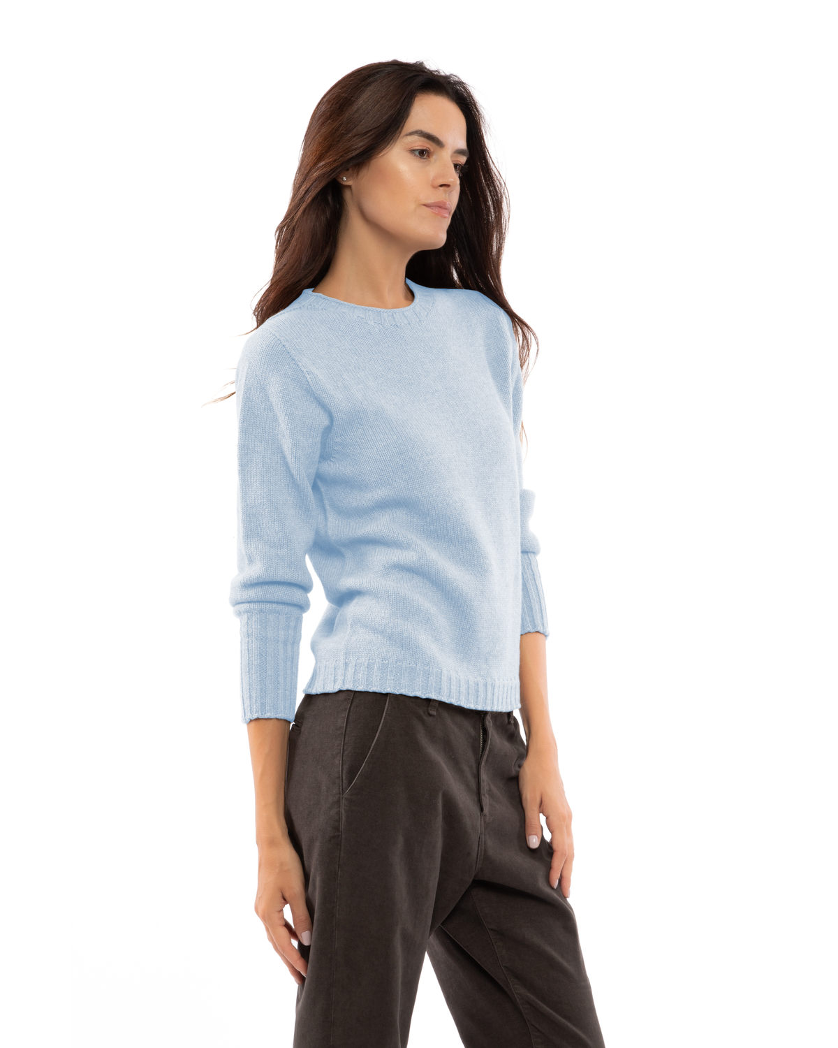 Women's Pure Cashmere Ribbed-Trim Crewneck Sweater Baby Blue — view 3