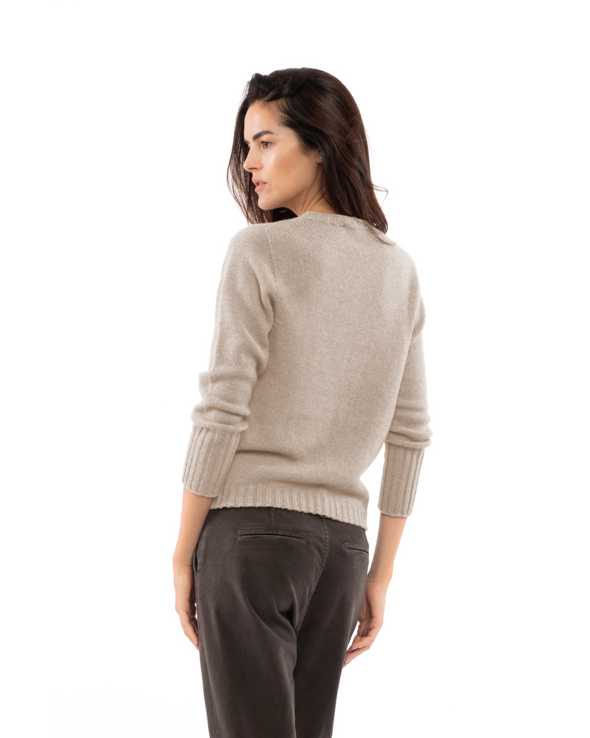 Beige cashmere ribbed-trim crewneck sweater, back view on a model.