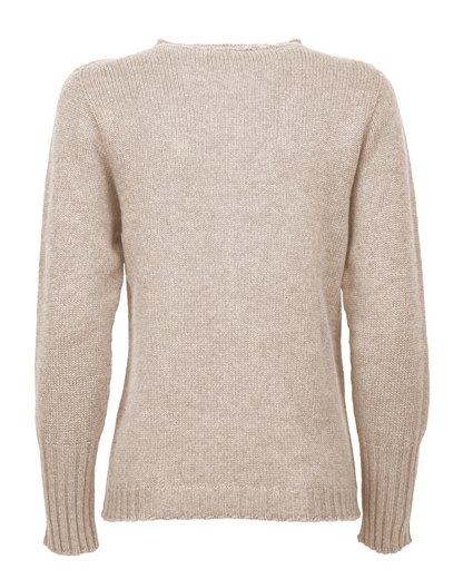 Back view of the beige cashmere crewneck sweater with ribbed trim