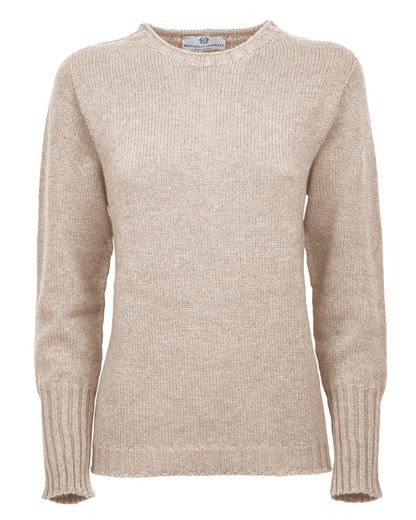 Beige cashmere crewneck sweater with ribbed trim, shown from the front.
