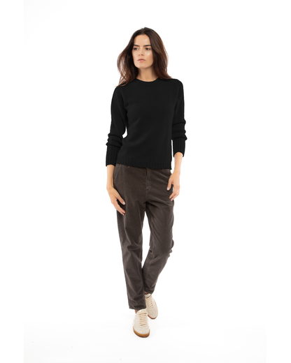 Black cashmere ribbed-trim crew-neck sweater, front view on a model