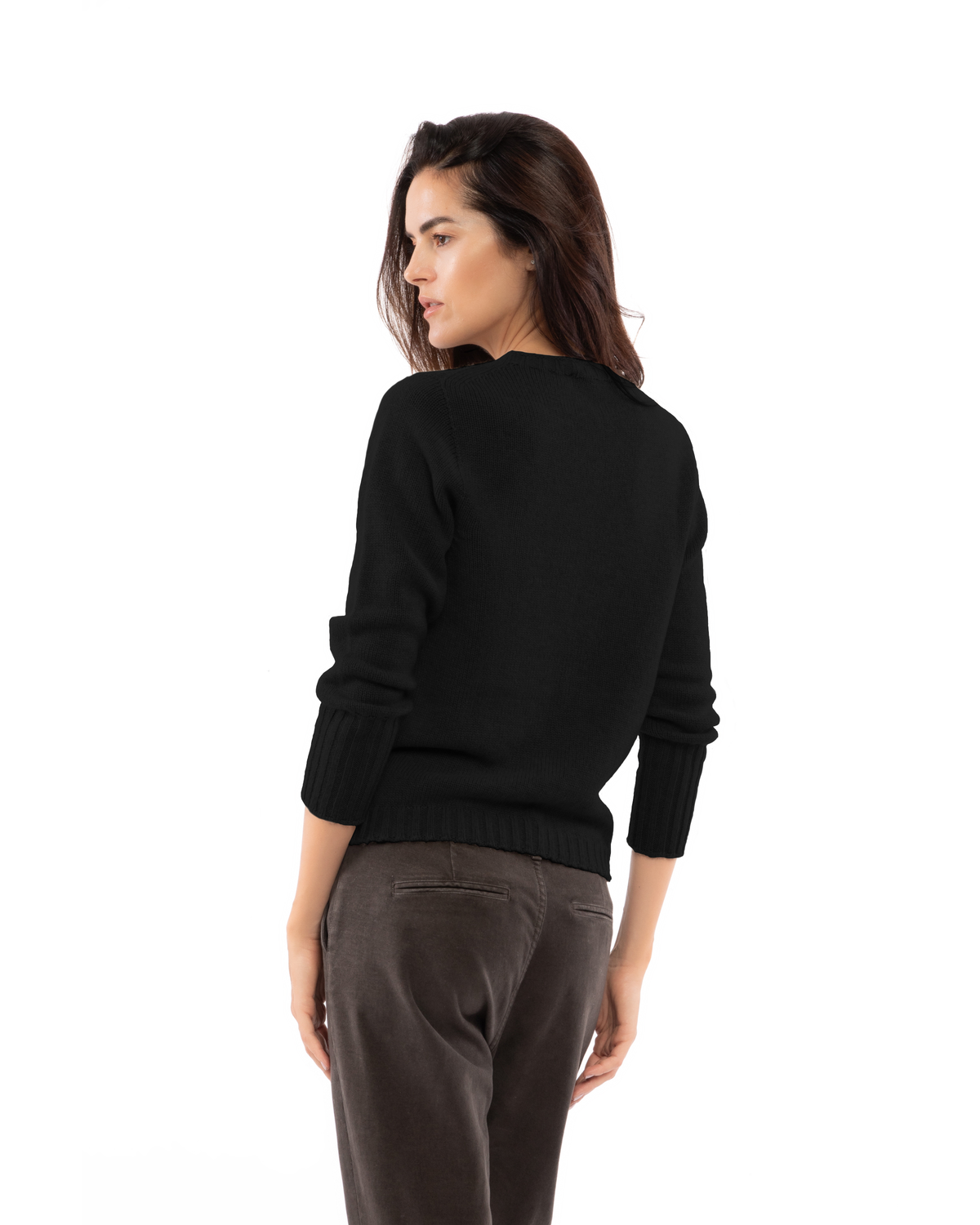 Back view of a model wearing a cashmere ribbed-trim crewneck sweater in black