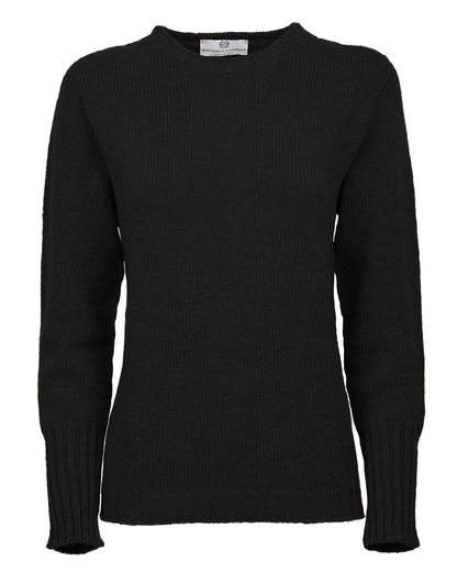 Black cashmere crewneck sweater displayed with ribbed cuffs and hem