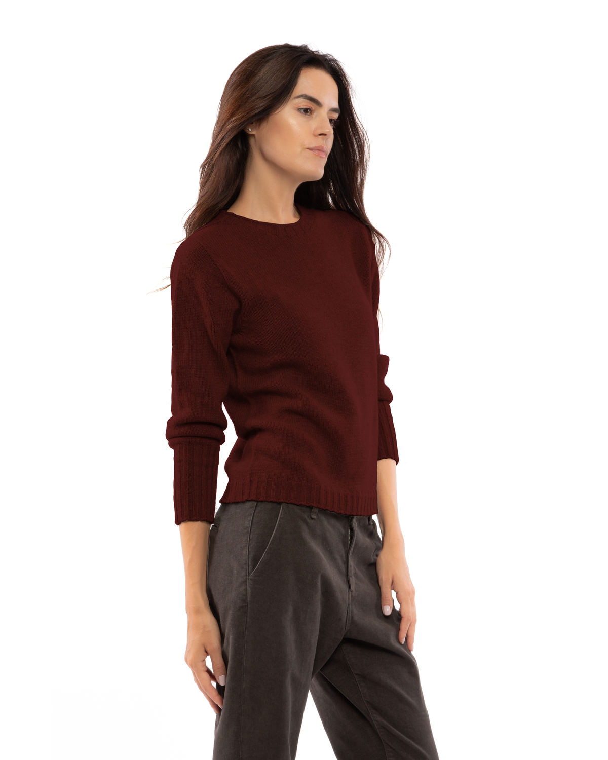 Women's Pure Cashmere Ribbed-Trim Crewneck Sweater Bordeaux — view 3