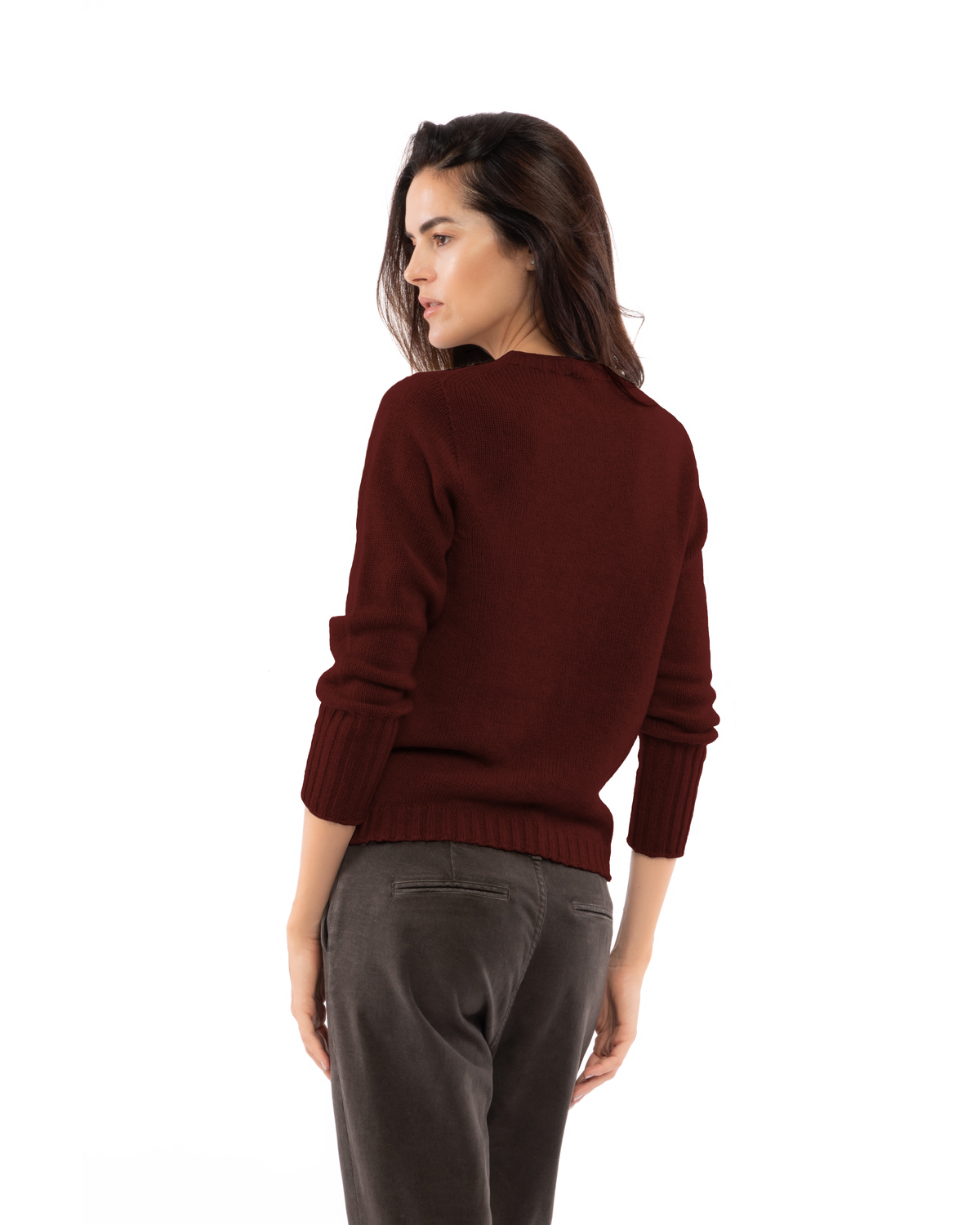 Women's Pure Cashmere Ribbed-Trim Crewneck Sweater Bordeaux — view 4