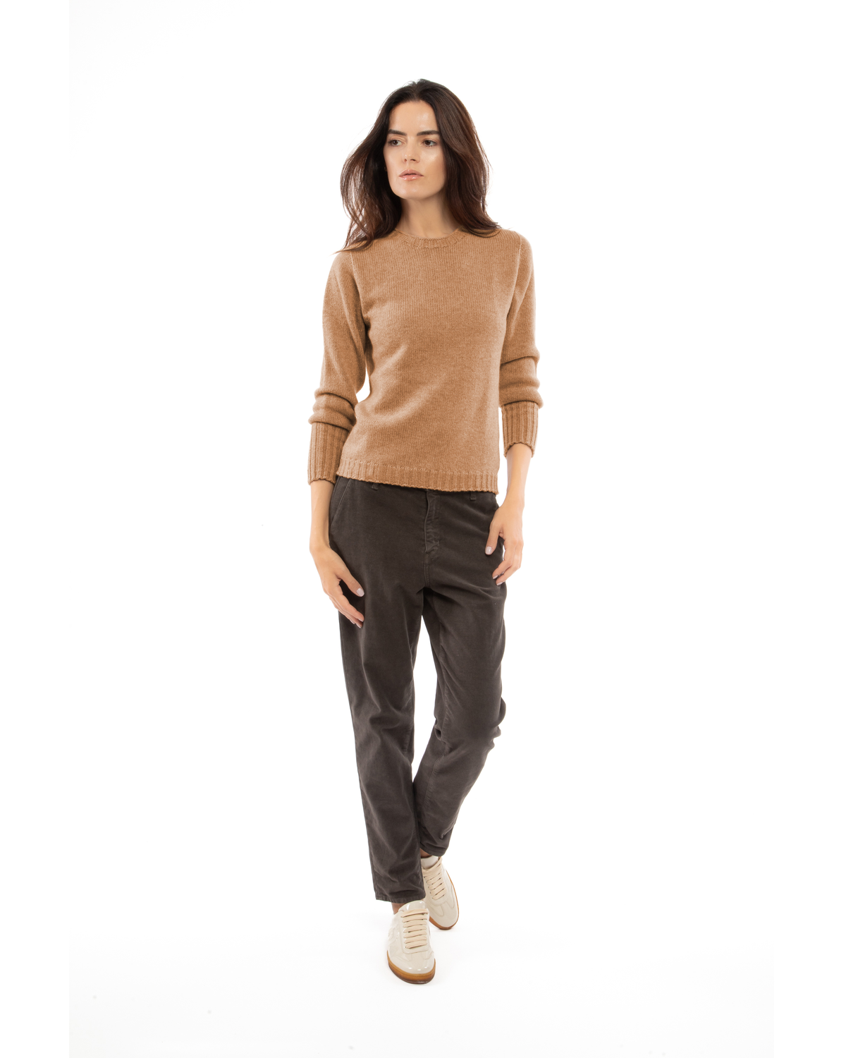 Women's Pure Cashmere Ribbed-Trim Crewneck Sweater Camel — view 2