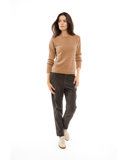 Women's Pure Cashmere Ribbed-Trim Crewneck Sweater Camel — view 2