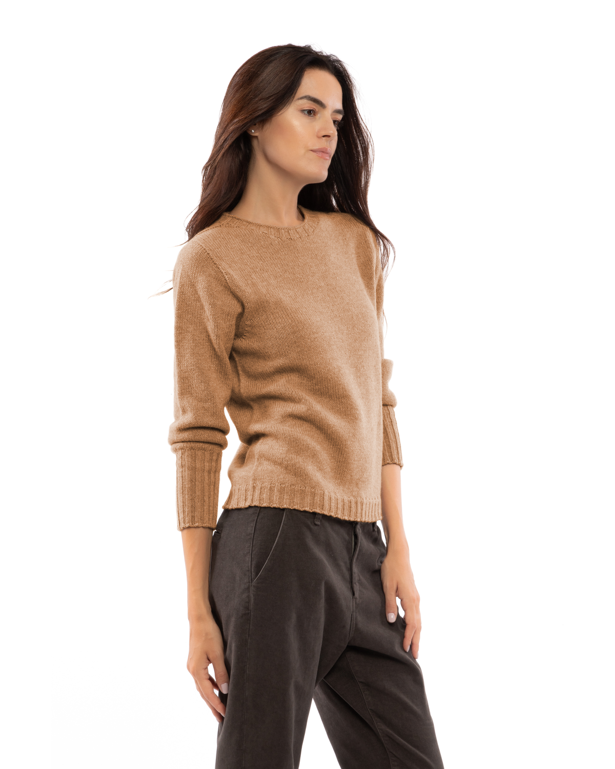 Women's Pure Cashmere Ribbed-Trim Crewneck Sweater Camel — view 3