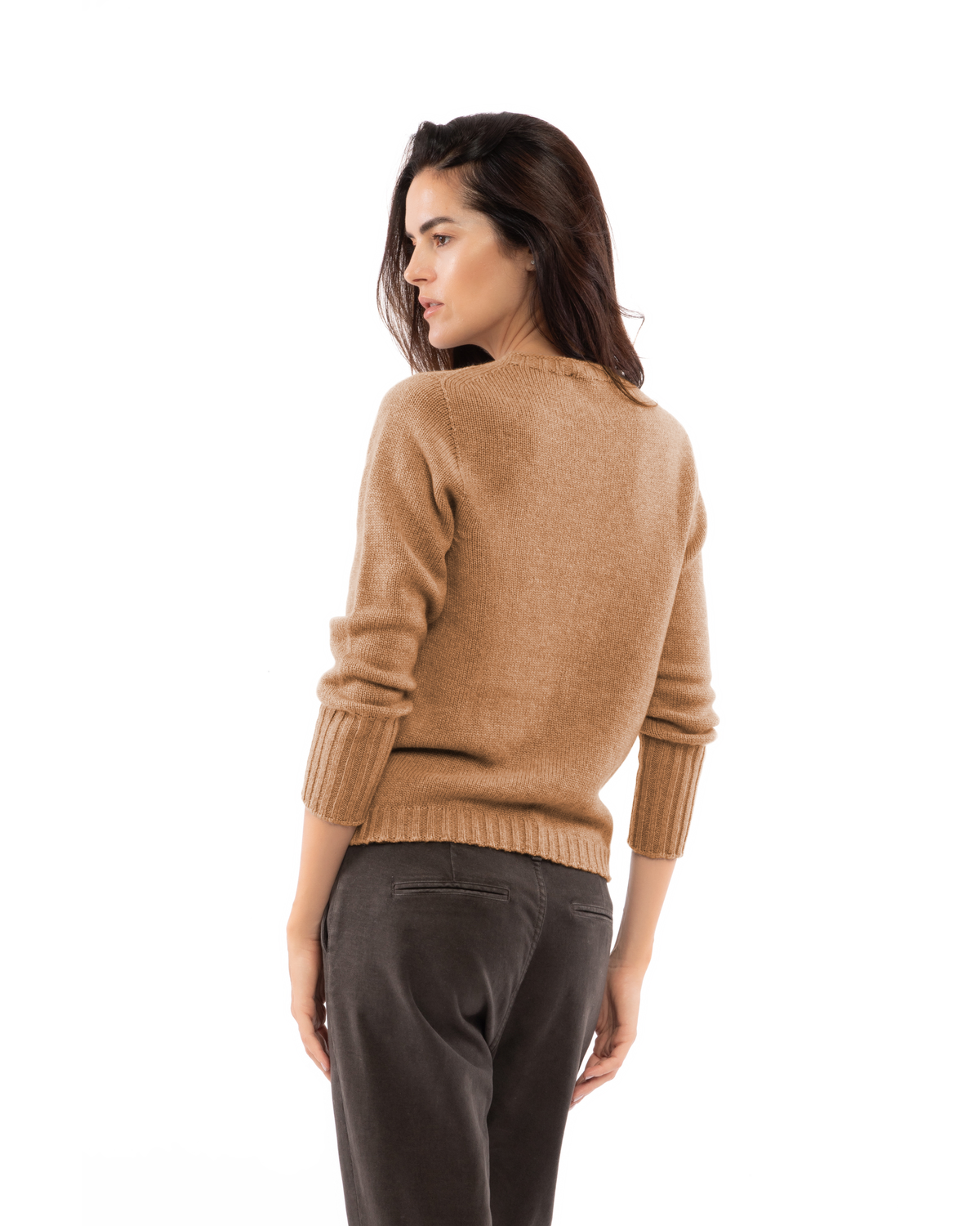 Women's Pure Cashmere Ribbed-Trim Crewneck Sweater Camel — view 4