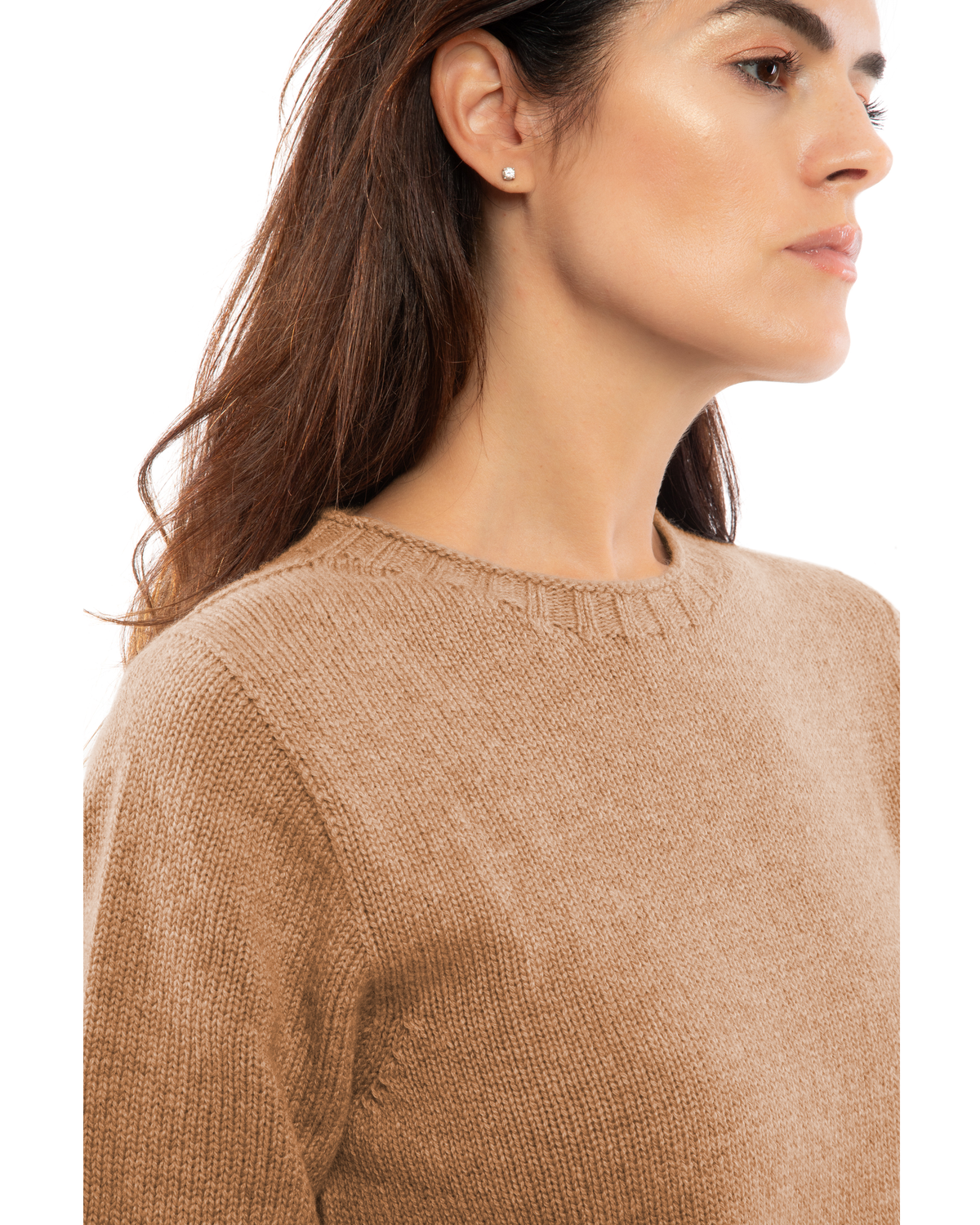Women's Pure Cashmere Ribbed-Trim Crewneck Sweater Camel — view 5