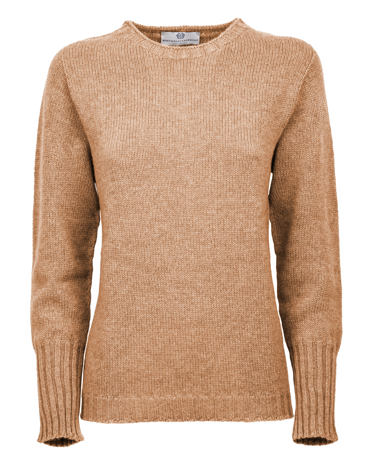 Women's Pure Cashmere Ribbed-Trim Crewneck Sweater Camel — front product view