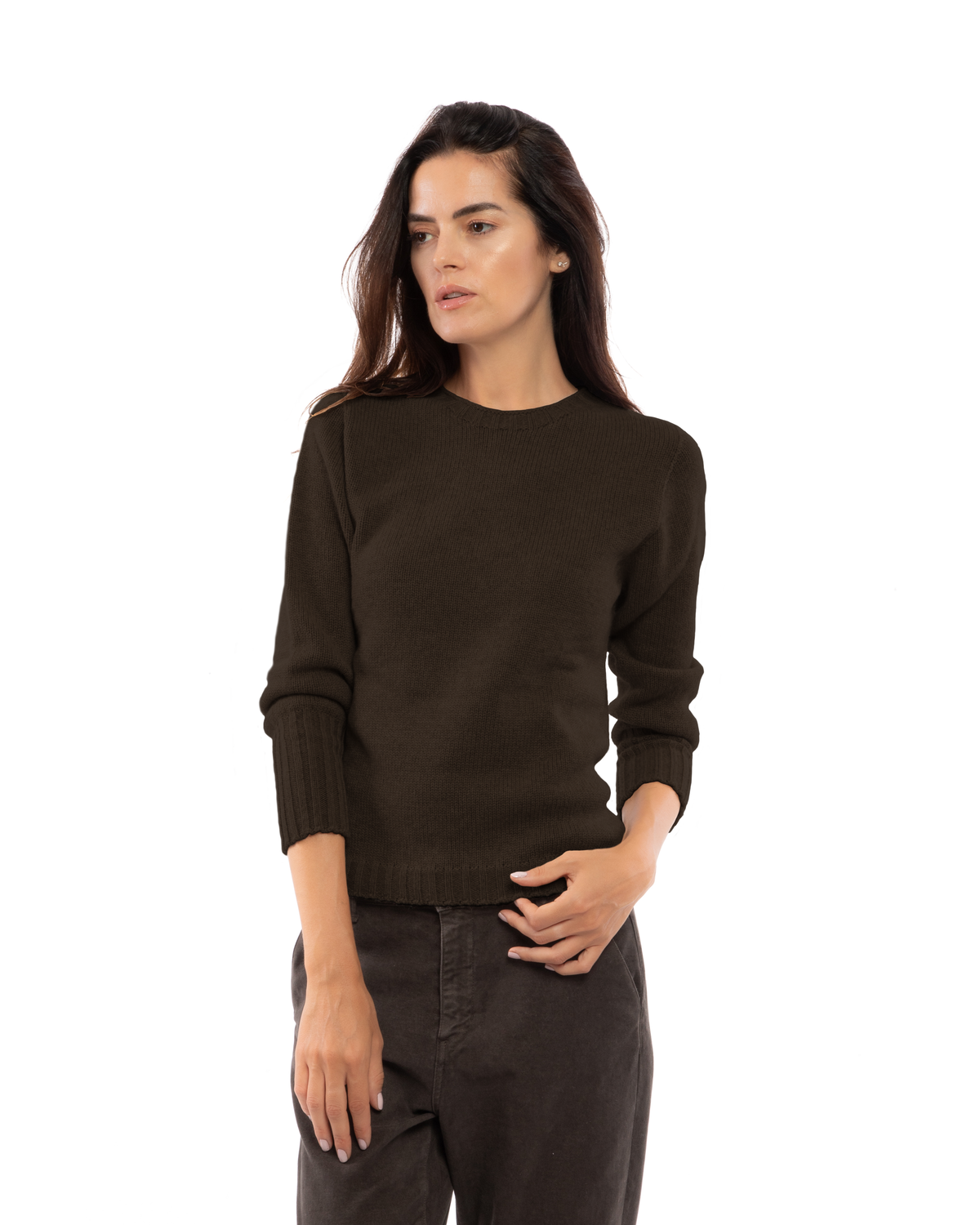 Women's Pure Cashmere Ribbed-Trim Crewneck Sweater Coffee — view 1