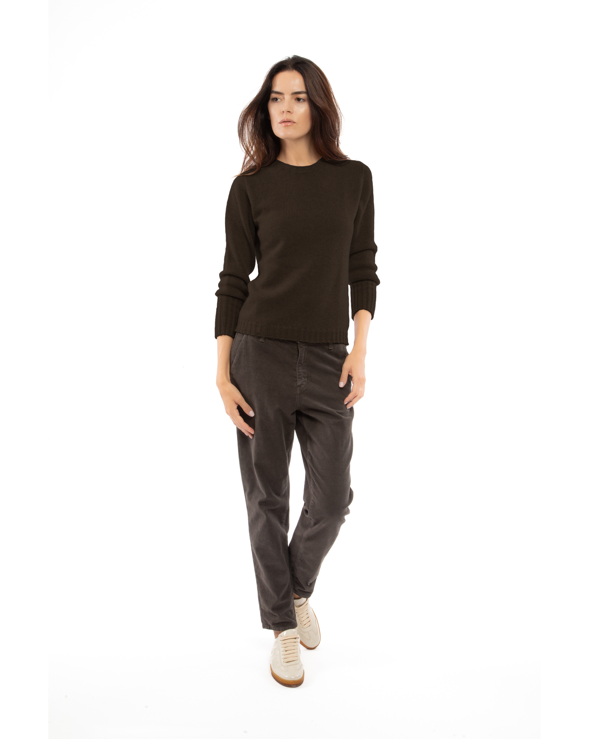 Women's Pure Cashmere Ribbed-Trim Crewneck Sweater Coffee — view 2