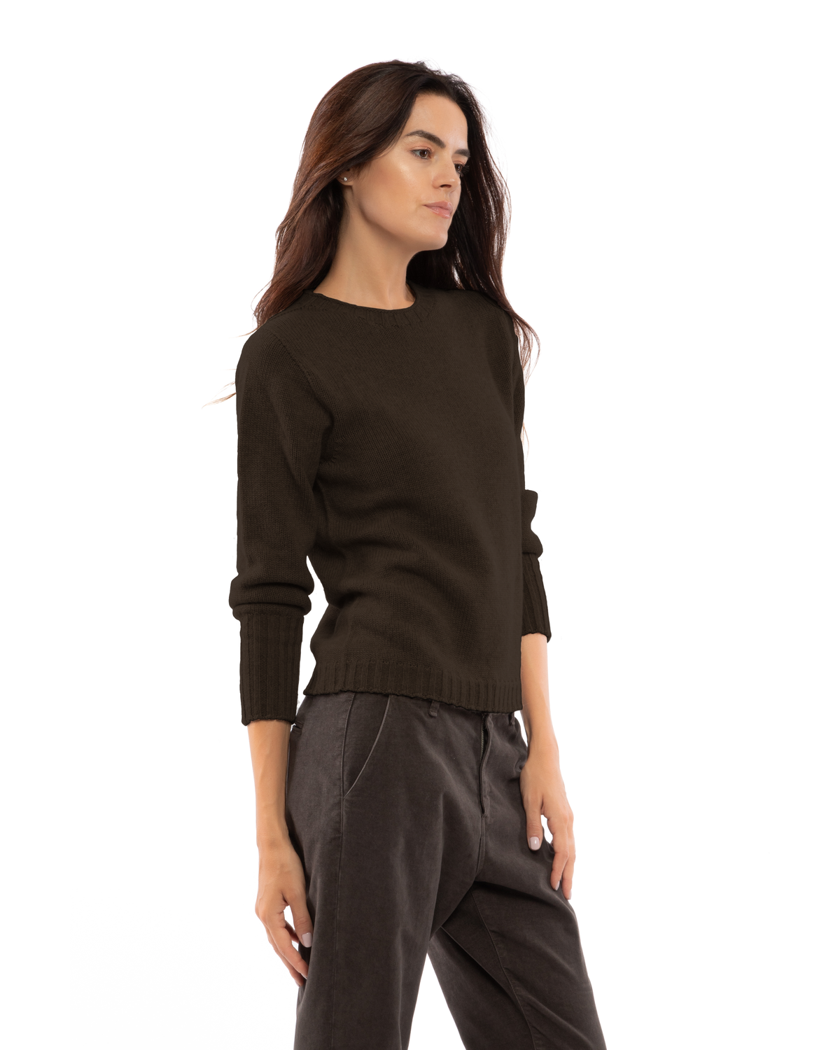 Women's Pure Cashmere Ribbed-Trim Crewneck Sweater Coffee — view 3