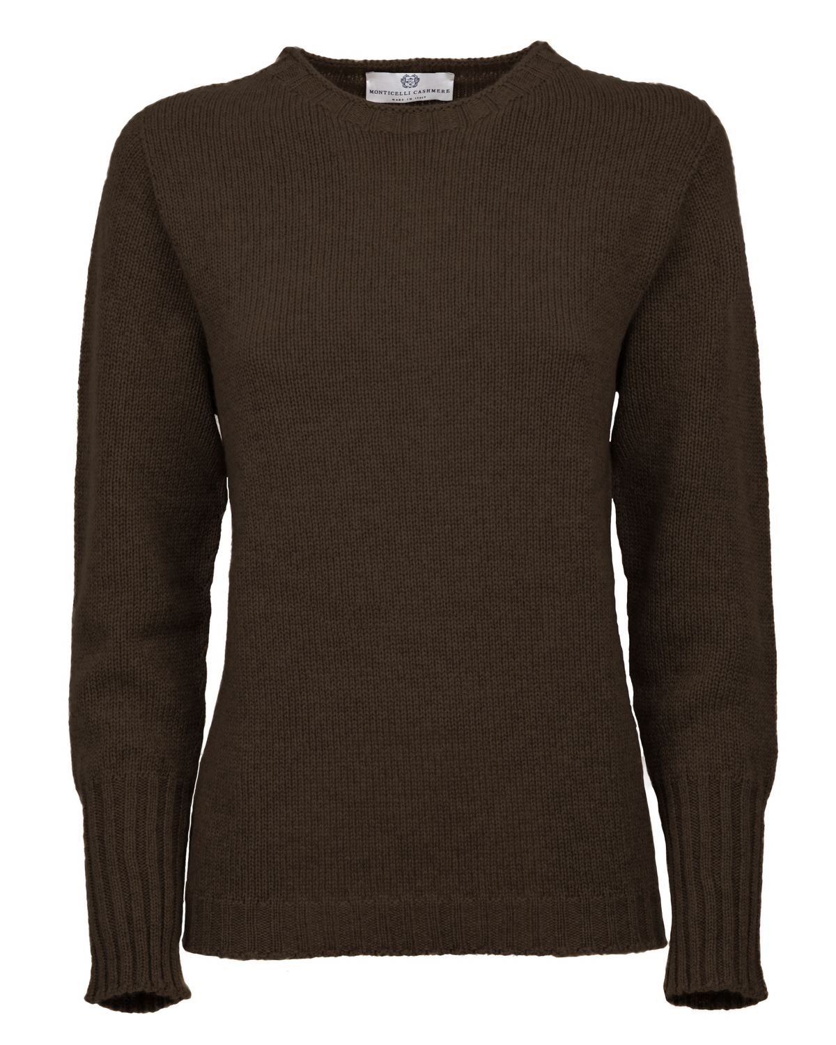 Women's Pure Cashmere Ribbed-Trim Crewneck Sweater Coffee — front product view