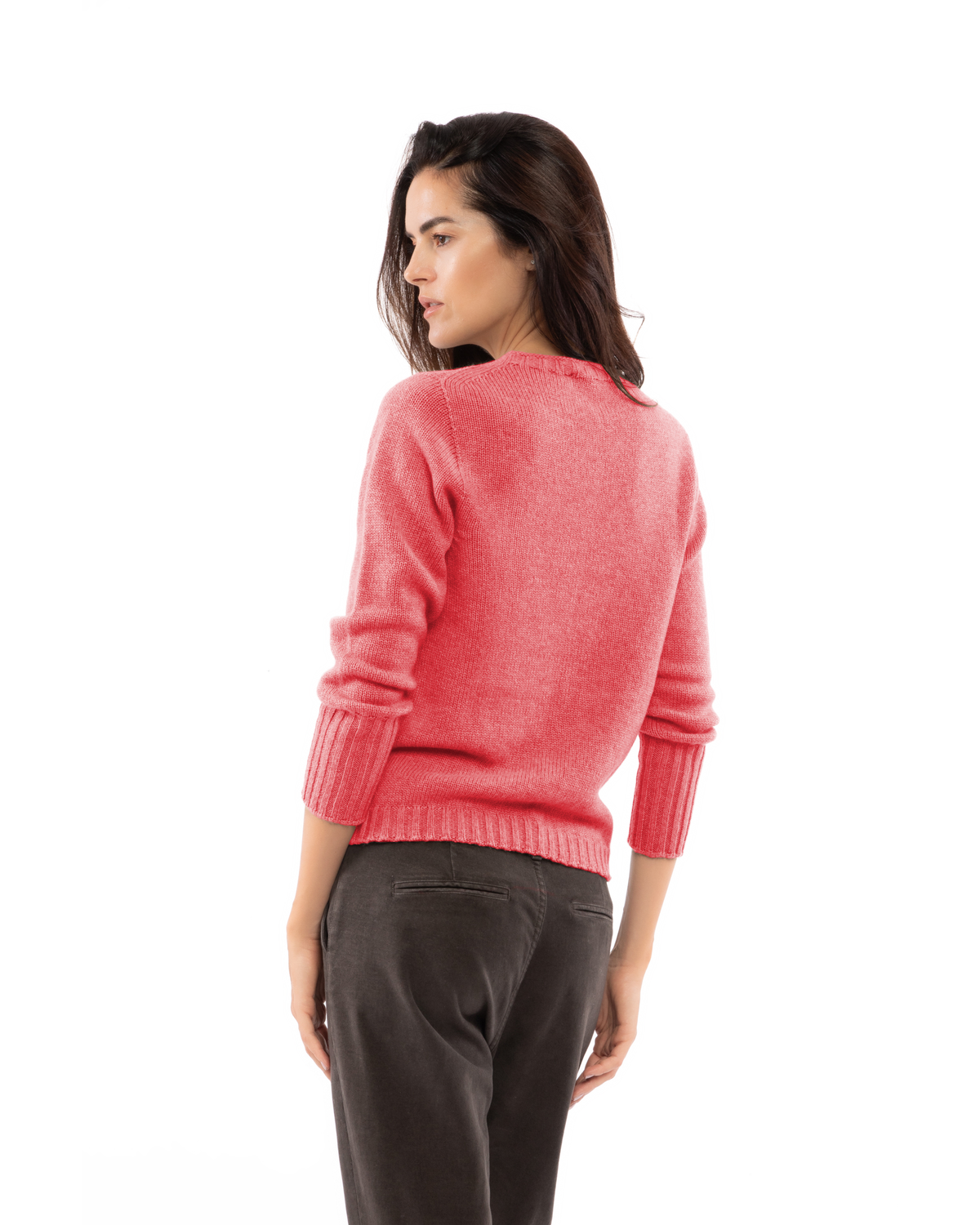 Coral red cashmere ribbed-trim crewneck sweater, back view on a model.