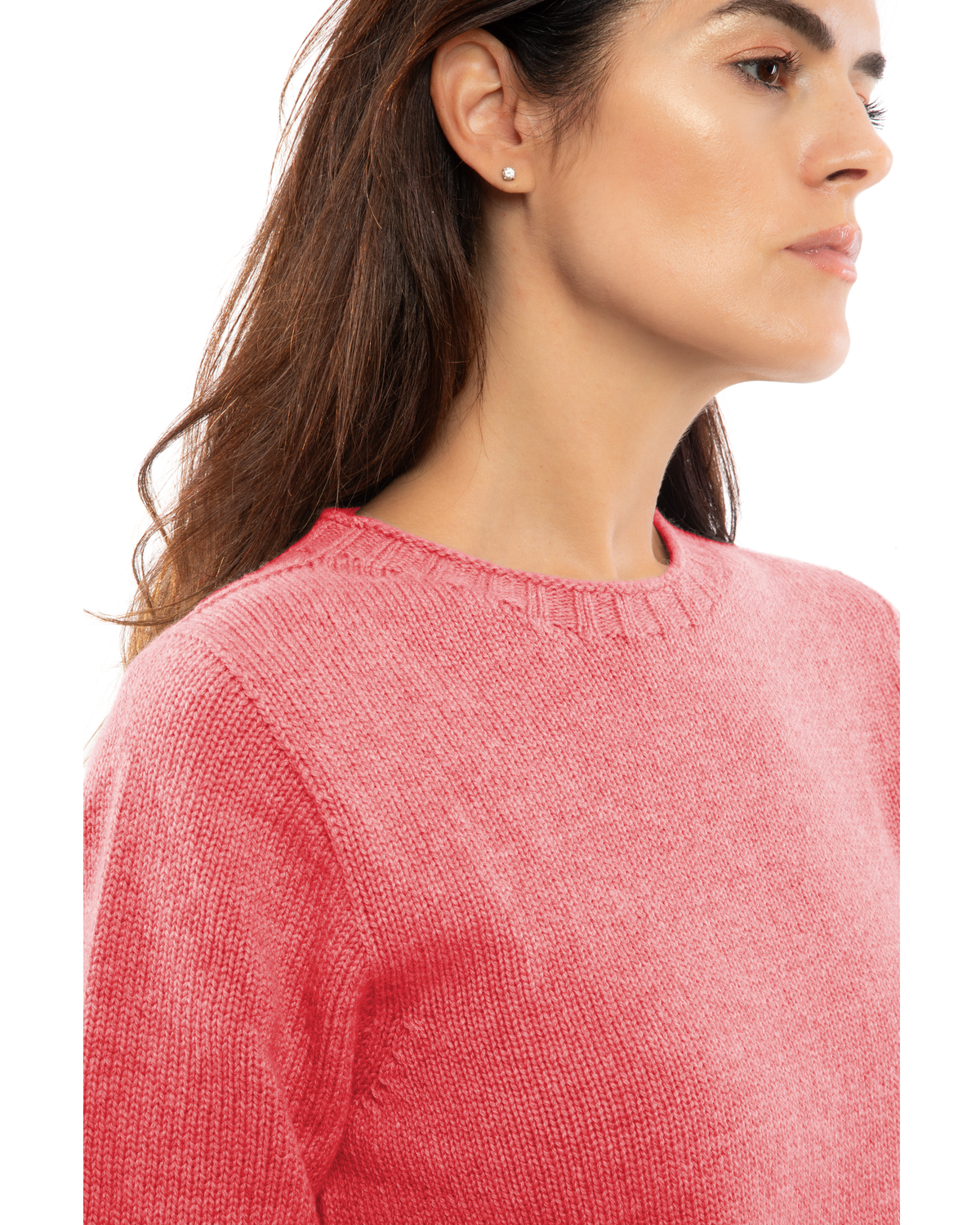 Close-up of the neckline of a cashmere ribbed-trim crewneck sweater in coral red