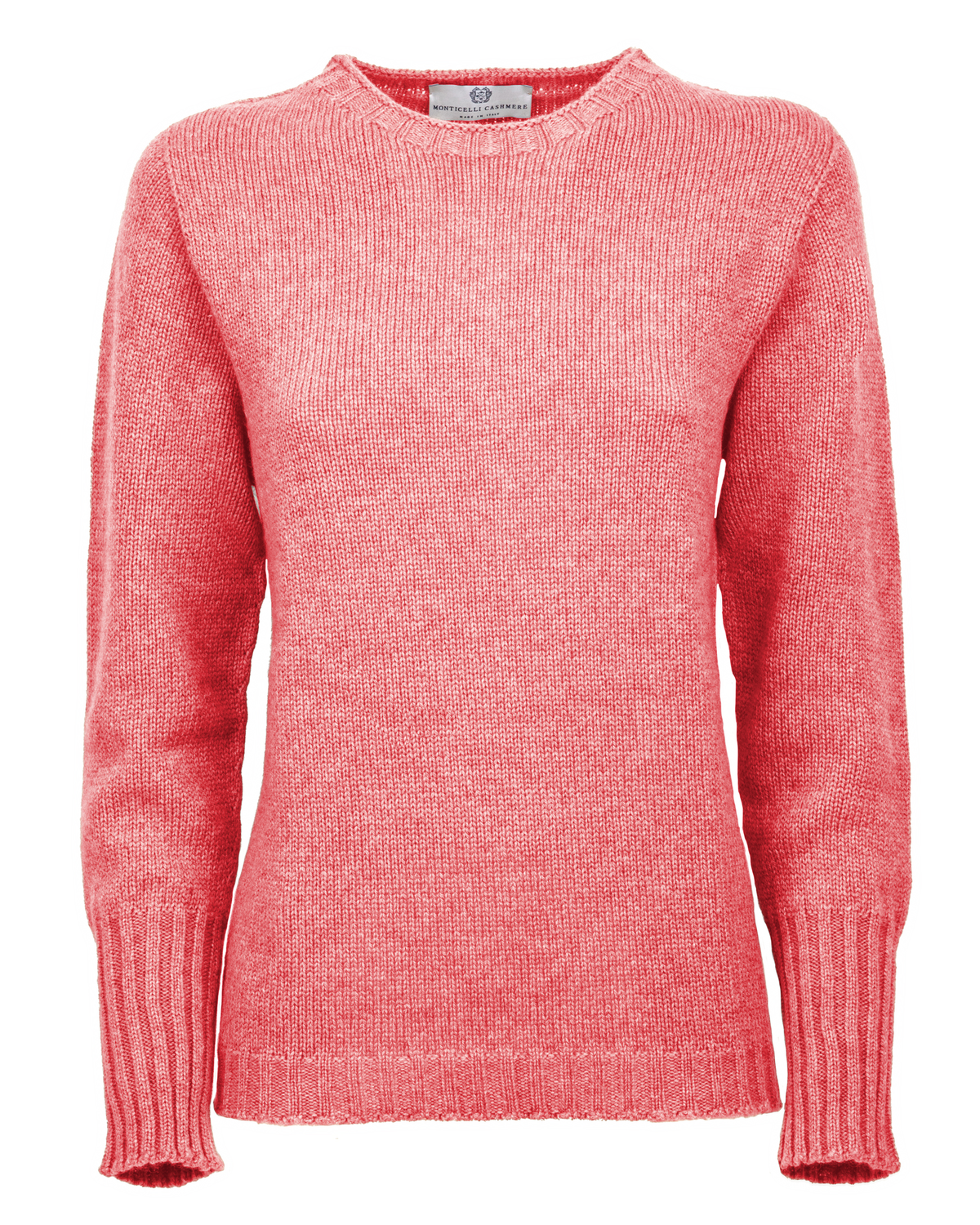 Coral red cashmere crewneck sweater with ribbed trim, shown from the front.