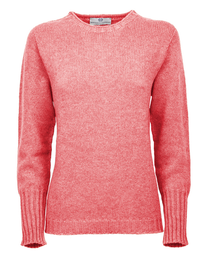 Coral red cashmere crewneck sweater with ribbed trim, shown from the front.