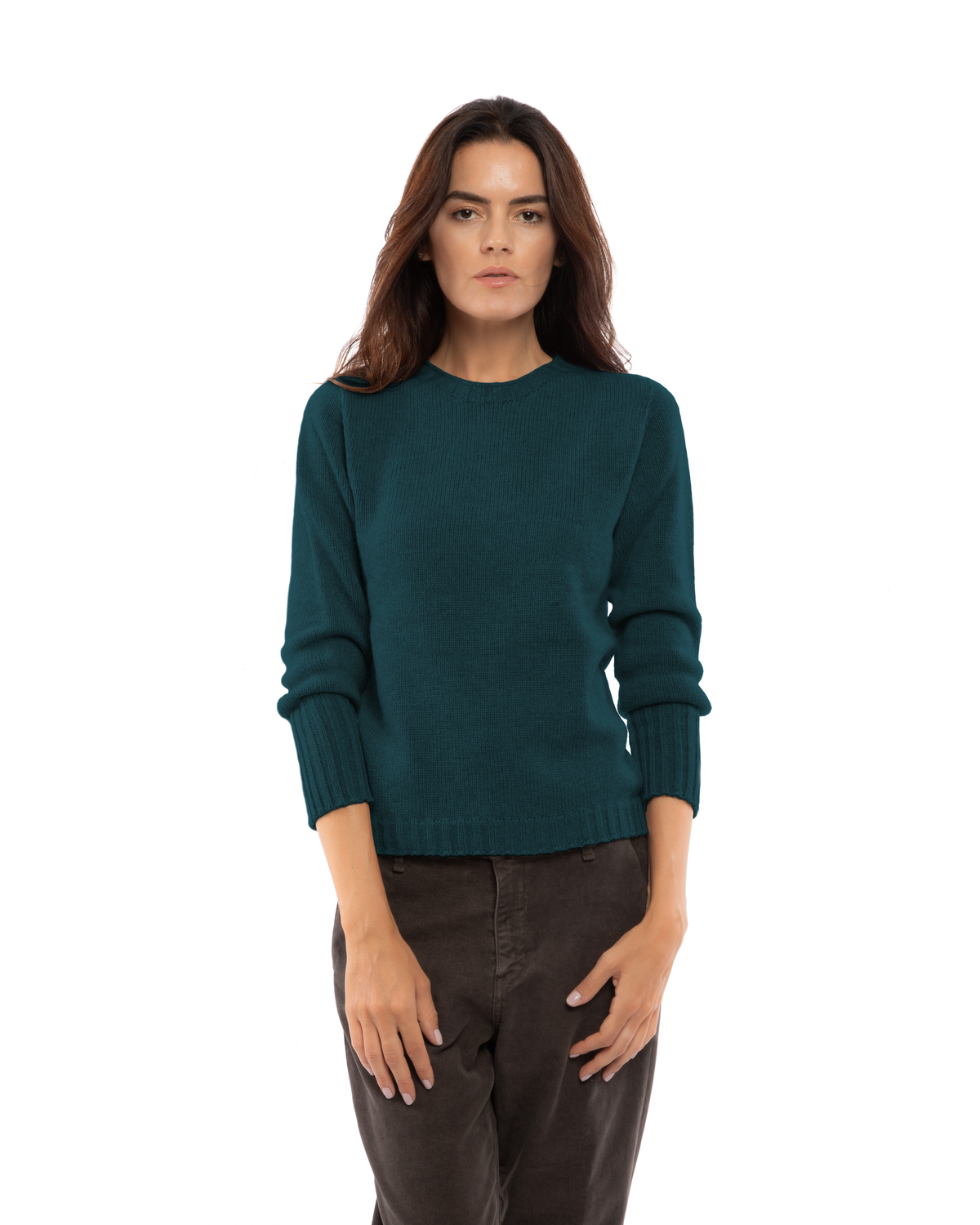 Women's Pure Cashmere Ribbed-Trim Crewneck Sweater Forest Green — view 1
