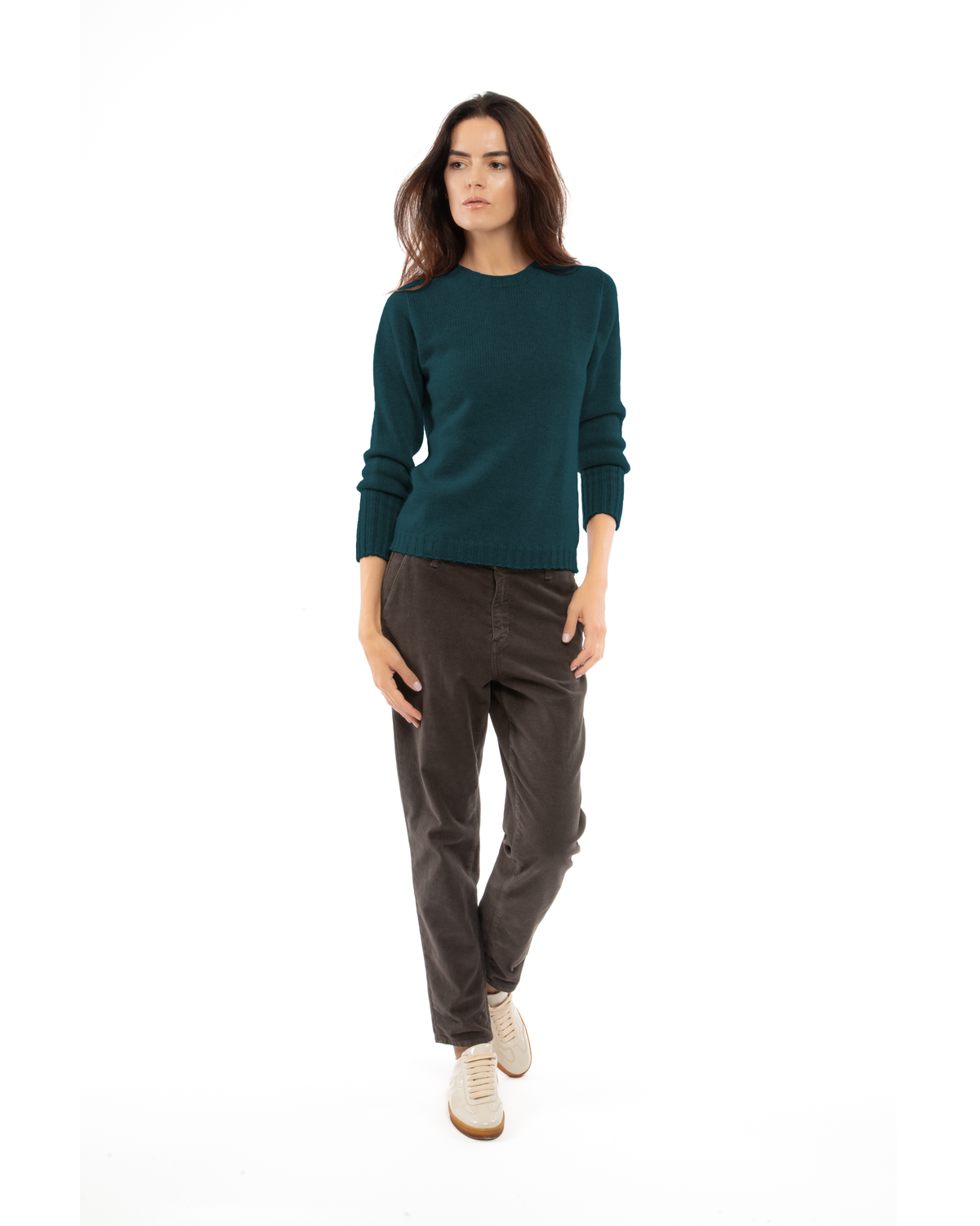 Women's Pure Cashmere Ribbed-Trim Crewneck Sweater Forest Green — view 2